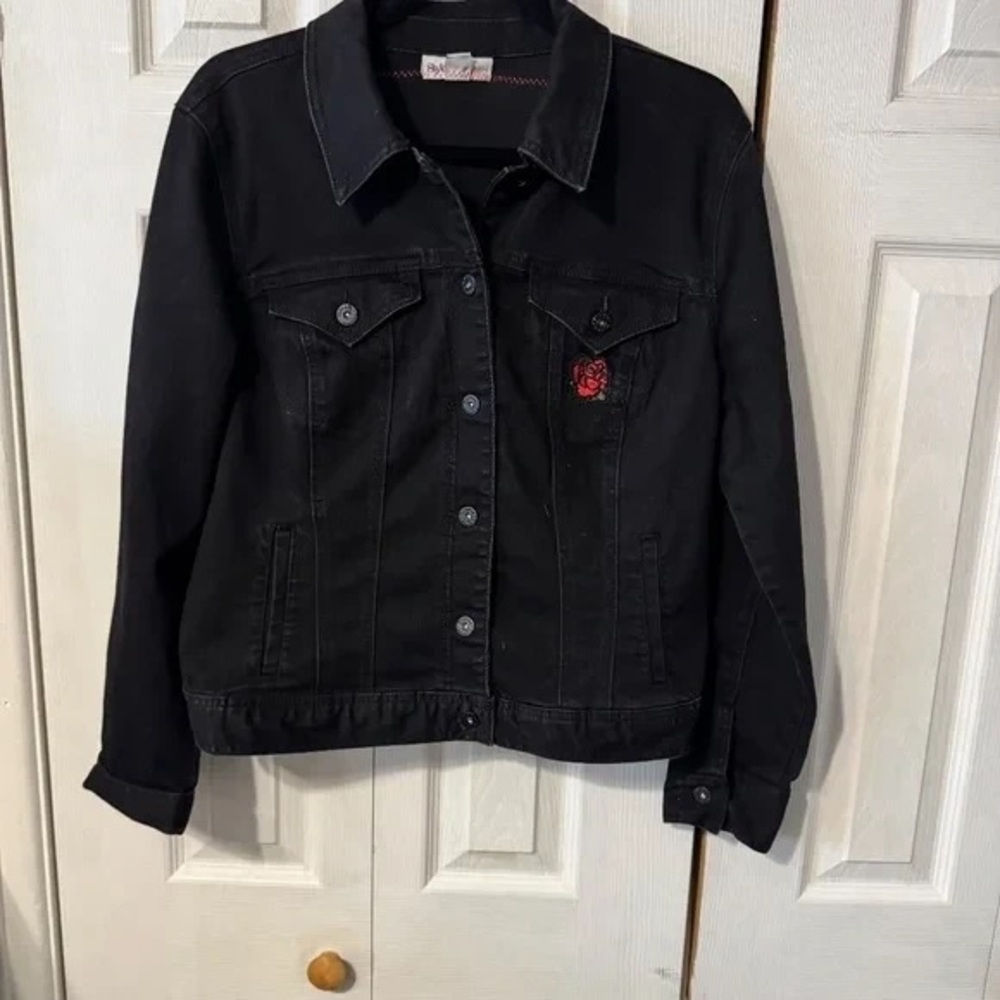 Women’s Black Denim Jacket with Embroidered Rose